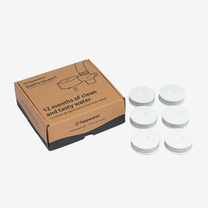 EcoPro Compact 12-month refill pack — six white carbon filter cartridges beside the kraft box, two months per refill