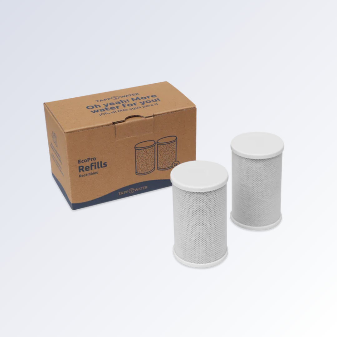 Two white water filter cartridges next to a cardboard box labeled 'PitcherPro Refills.'